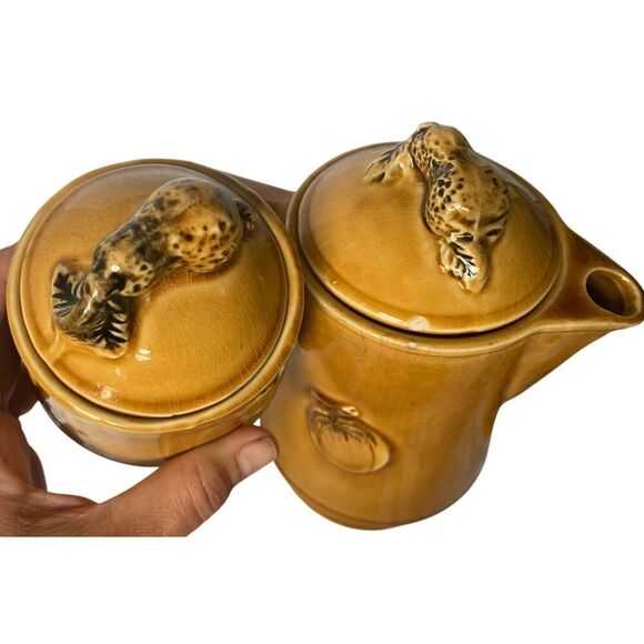 VTG MCM Japanese Teapot Tea Cream Sugar Set Ceramic Yellow Fruit Hand Painted - Picture 5 of 6